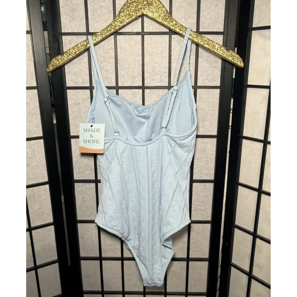 Shade &‎ Shore Blue Eyelet Scoop Neck Cheeky Coverage One Piece Swimsuit Size S